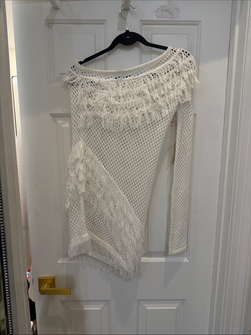 Tularosa White Asymmetrical Fringe Knit Dress